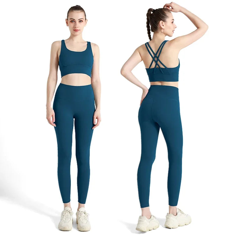 Summer 2 Piece Women's Yoga Tracksuit - Cross-Back Nylon Top and Leggings Athletic Set for Pilates and Fitness