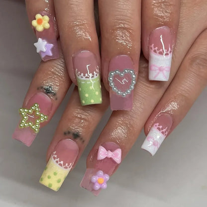 24PCS Y2K Sweet Stars Press-On Nails - Blue Brown Striped French Style Autumn Vintage Wave Point Fake Nail Set