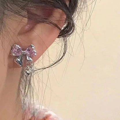 Y2K Bowknot Zircon Stud Earrings - Pink Crystal Silver-Tone Party Jewelry for Women