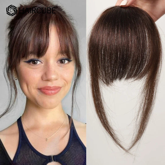 100% Human Hair Clip-In Bangs - Natural Brown Wispy Fringe with Temples, 4.5in Air Bang Hairpiece for Women