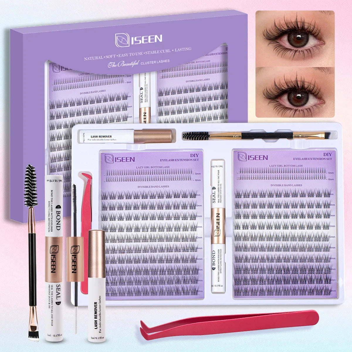 DIY Eyelash Extension Kit – Cluster Mix Eyelashes Set with Lash Bond & Seal, Tweezers & Brush for Full Lash Look