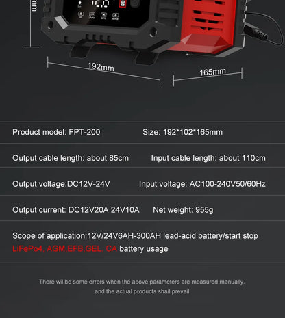 12V/24V Fully Automatic Smart Battery Charger — 7-Segment Pulse Repair for AGM, GEL, WET Lead-Acid Car Batteries