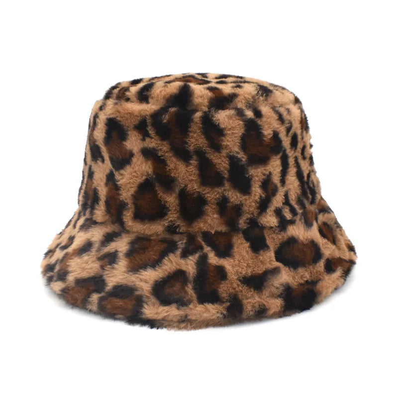 Women’s Winter Bucket Hat – Fashion Leopard Panama, Warm Vintage Faux Fur Fisherman Cap