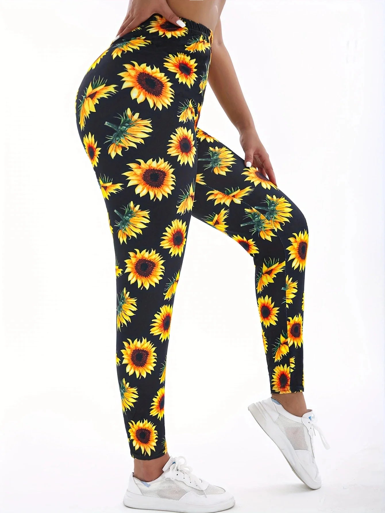 Sunflower Printed Leggings - High-Stretch Denim Style Pants for Fitness, Yoga & Casual Wear