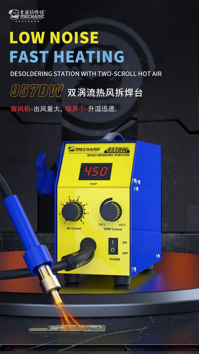 MECHANIC 957DW Soldering & Desoldering Station – Dual-Scroll Hot Air Rework Tool for PCB Mainboard and Tin Soldering