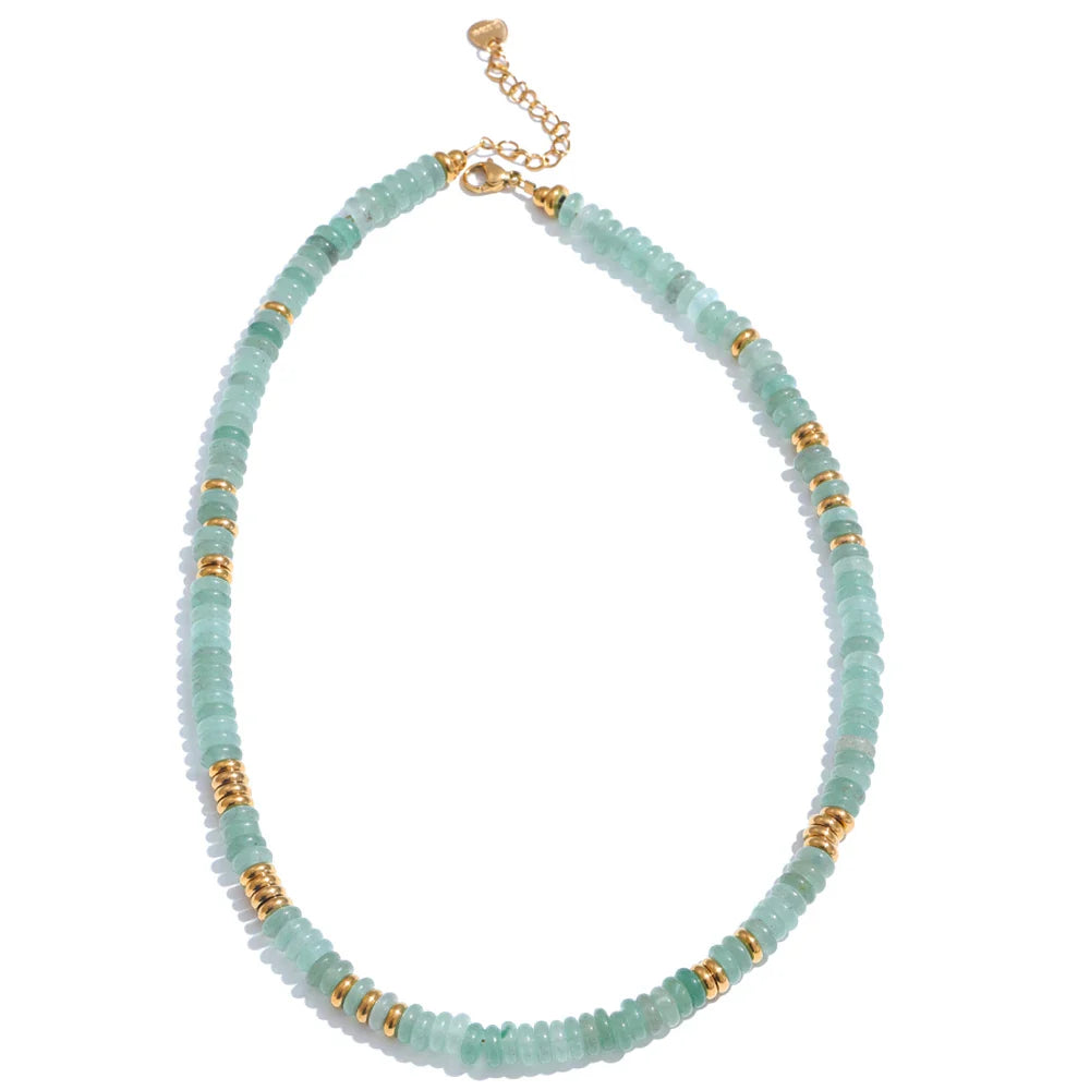 Yhpup Colorful Natural Stone Bead Necklace – Handmade Y2K Stainless Steel Waterproof Chain Jewelry for Women
