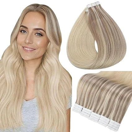 Full Shine Tape In Human Hair Extensions - 100% Remy Straight Hair Double Sided Silky Natural Tapes for Women