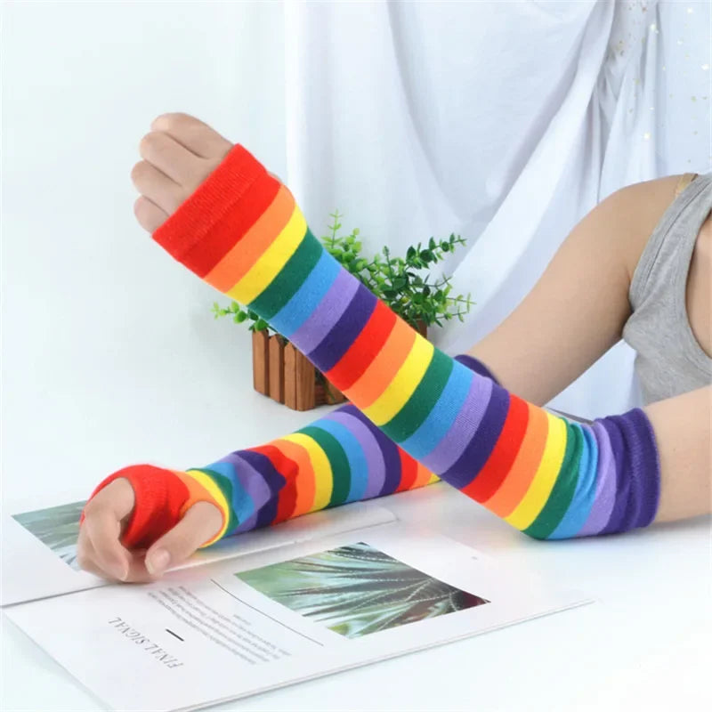Warm Knitted Long Fingerless Gloves – Striped Elbow Mittens for Women, Fashion Christmas Gift