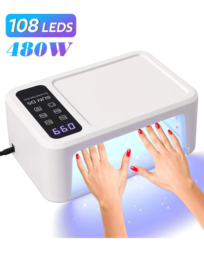 480W UV LED Nail Lamp – 108 LEDs Nail Dryer with Red Light Whitening Mode, Large Space, 4 Timer Settings