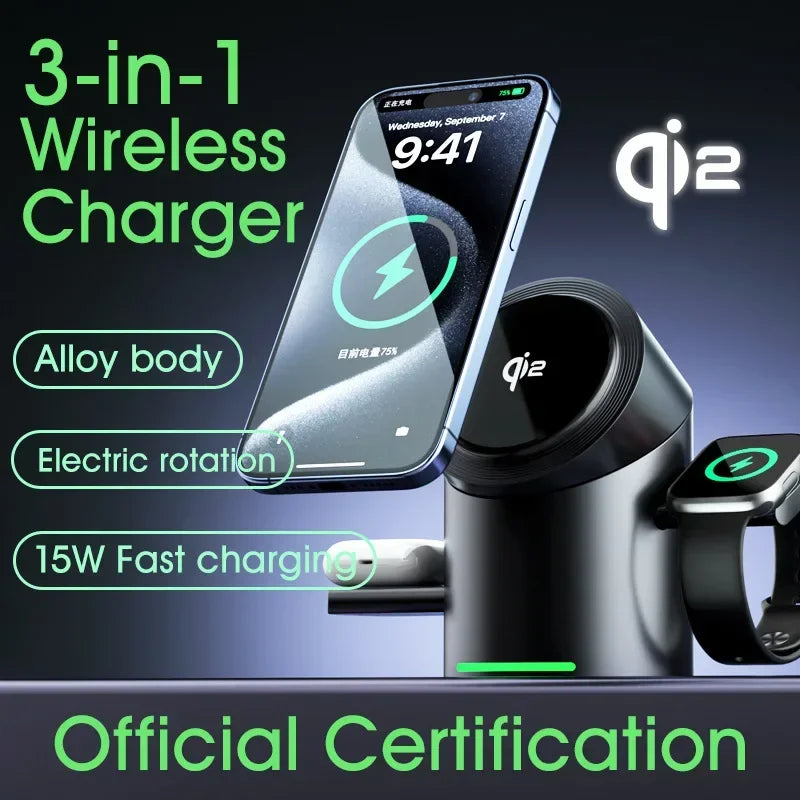 Truly Qi2 3-in-1 MagSafe Magnetic Touch Wireless Charger — Fast Charging Dock for iPhone, Android, Apple Watch & AirPods