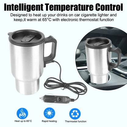 12V Electric Heating Car Kettle - 450ml Stainless Steel Thermal Mug for Water, Coffee, Milk - Travel & Camping
