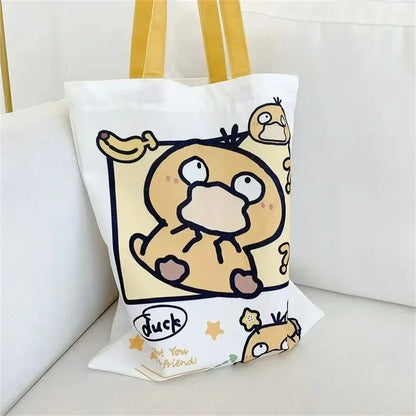 Anime Pokémon Canvas Shoulder Bag – Pikachu, Psyduck, Squirtle Casual Handbag for Women, Reusable Large Shopping Tote