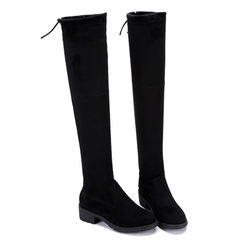 2024 Women's Winter Black Over-The-Knee Boots – Comfort Lace-Up, Chunky High Heels, Warm Suede, Round Toe