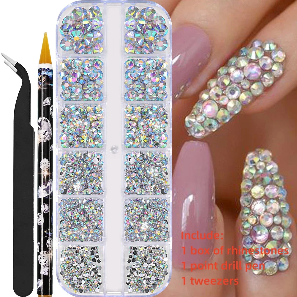 12-Grid 3D Glass AB Crystal Nail Art Rhinestones Kit – Flatback Round Beads with Tools for Nail Jewelry & Diamond Decoration