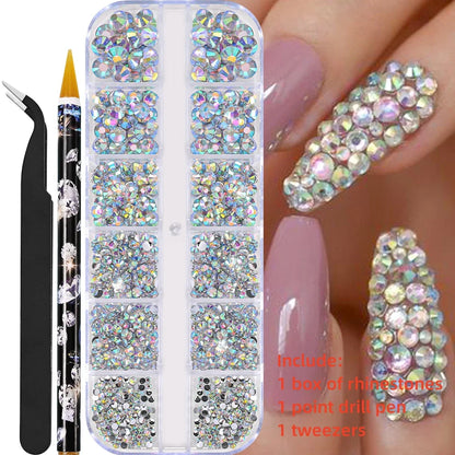 12-Grid 3D Glass AB Crystal Nail Art Rhinestones Kit – Flatback Round Beads with Tools for Nail Jewelry & Diamond Decoration