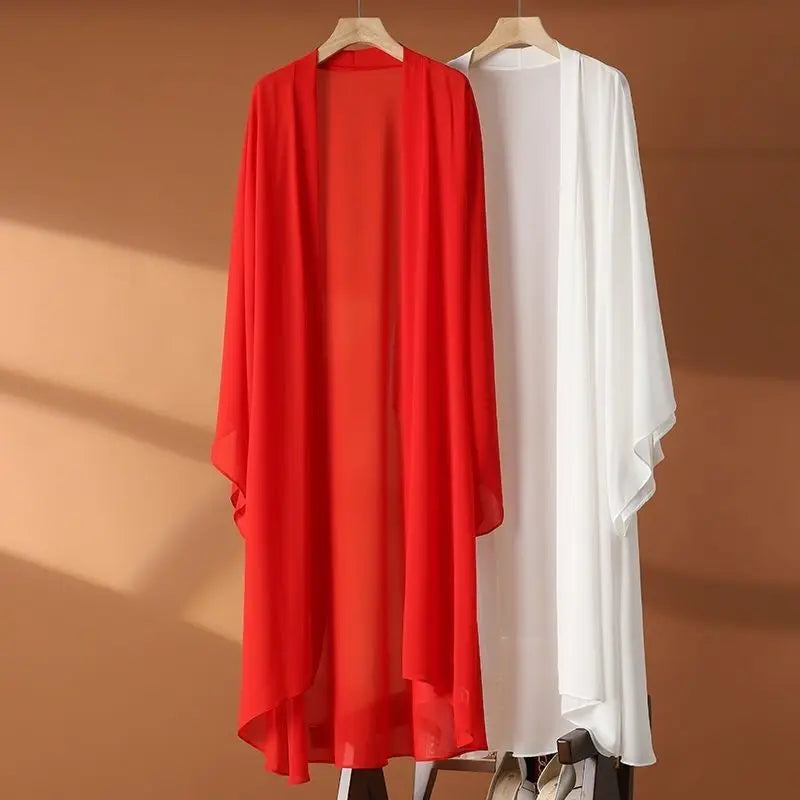 2024 Summer Sunscreen Shirt for Women – Long Chiffon Cardigan, Loose Fit Blouse, Thin Outerwear Shawl Jacket