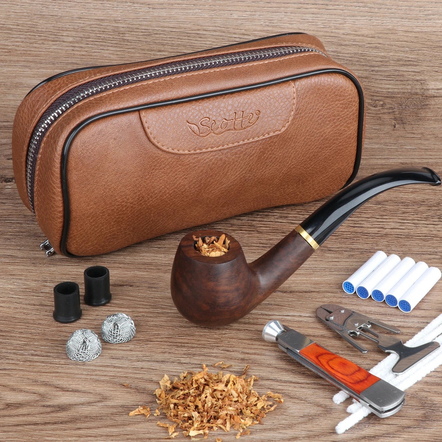 Scotte PU Leather Tobacco Pipe Bag – Portable Case for 2 Pipes with Smoking Accessories