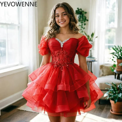 Beaded Lace Homecoming Dress - Short Tiered Tulle Sequin Prom & Quinceañera Gown