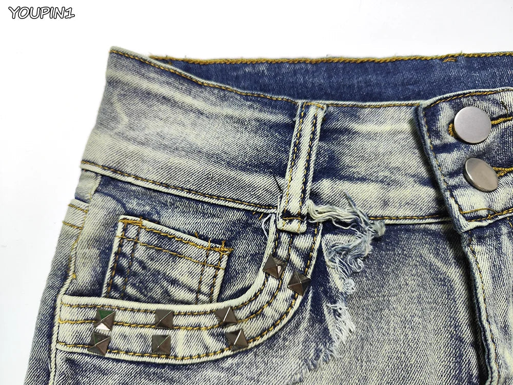 Sexy Low Rise Denim Shorts – Women’s Slim Skinny Rivet Vintage Blue Y2K Jeans for Summer