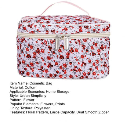 Cotton Floral Cosmetic Pouch – Dual Zipper Makeup Organizer, Portable Travel Storage & Wash Bag
