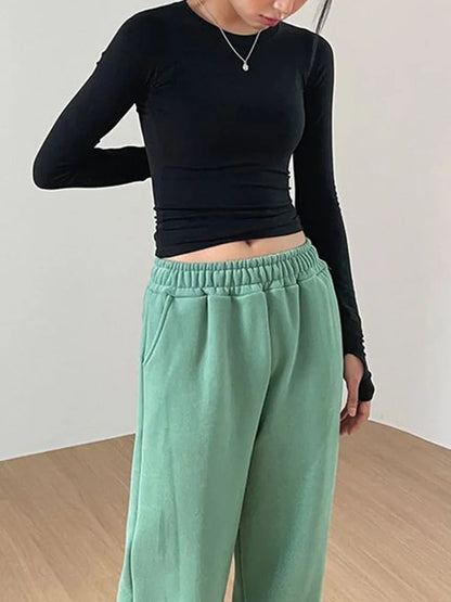 Women's Casual Slim Fit Long Sleeve T-Shirt – O-Neck Solid Color Thumb Hole Streetwear Top for Spring & Fall