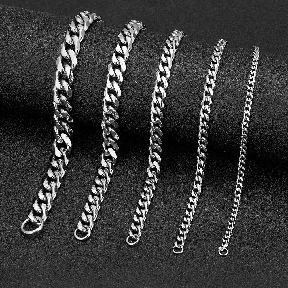 MKENDN Punk Rock Stainless Steel Cuban Curb Link Chain Bracelet – 3–11mm Silver Biker Jewelry for Men & Women