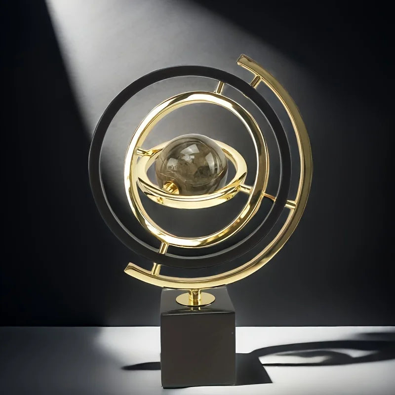 Modern Abstract Metal Globe Sculpture - Black & Gold Home Office Decor with Rectangular Base