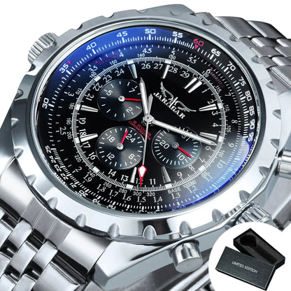 JARAGAR Pilot Mechanical Watch for Men – Multifunctional Small Dials, Leather & Steel Strap, Sports Military Automatic Watch