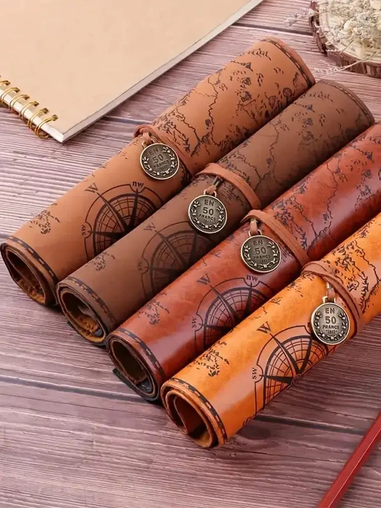 Creative Retro Leather Pencil Case – Large Capacity Roll-Up Bag with Embossed Treasure Map & Buckle Closure