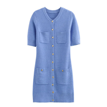2025 New Women’s Knit Slim Mini Dress – Elegant Single-Breasted Solid Color Office & Daily Commuting Vestido