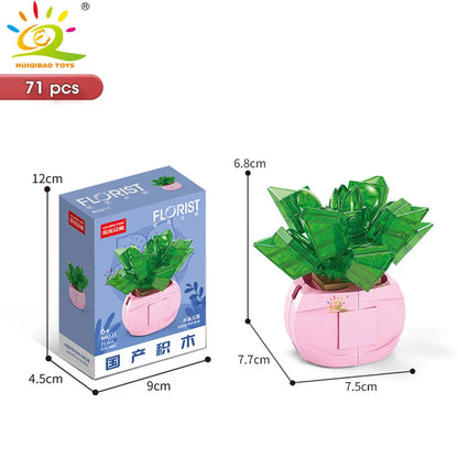 HUIQIBAO MOC Flower & Succulent Potted Building Block Set – DIY Eternal Bouquet, Home Desk Plant Decor, Girls & Kids Toy Gift