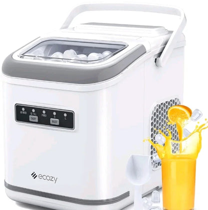 Ecozy Portable Countertop Ice Maker - Makes 9 Ice Cubes in 6 Minutes, Includes Ice Bags, Scoop & Basket for Kitchen