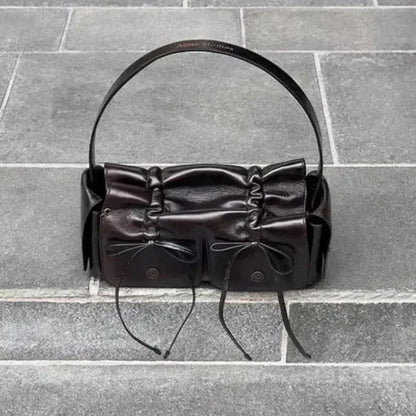 2024 Distressed PU Leather Rivet Bow Shoulder Bag – Pleated Underarm Luxury Handbag for Women