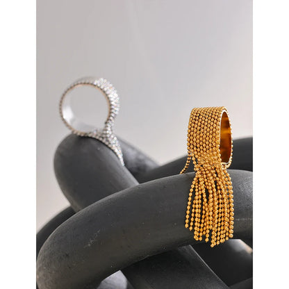 Yhpup Adjustable Stainless Steel Tassel Chain Finger Ring – 18K PVD Gold Plated Statement Charm Jewelry for Women