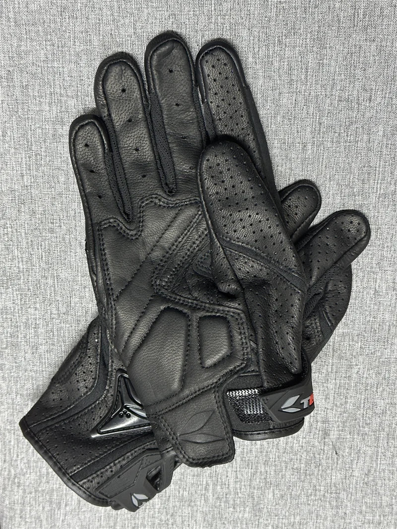 Motorcycle Gloves – Black Racing Genuine Leather, White Road Riding Team Gloves for Men, Summer & Winter with Touch Screen Compatibility