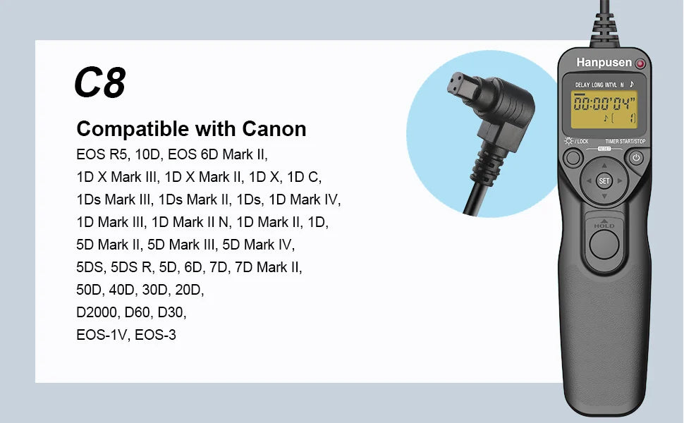 Camera Time Lapse Intervalometer — LCD Timer Remote Shutter Release for Canon, Nikon, Sony, Fujifilm, Olympus, Pentax