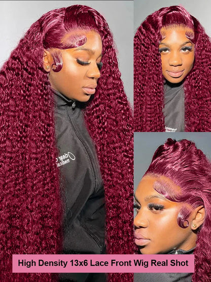 99J Burgundy Deep Wave Lace Front Wig – High Density Curly Red 13x6 HD Transparent Frontal Human Hair