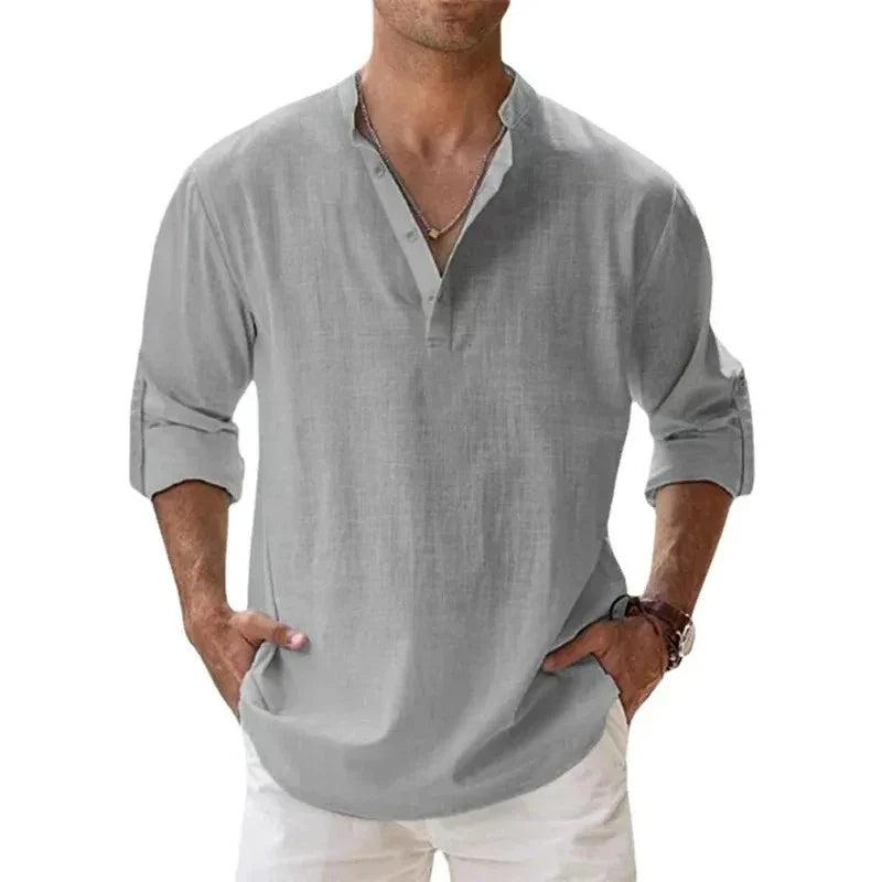 Men’s Lightweight Long Sleeve Henley Shirt — Cotton Linen Streetwear, Beach & Hawaiian Style