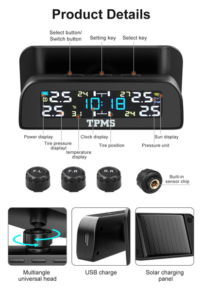 Solar TPMS Tire Pressure Monitoring System – 4-Wheel External Sensors with Temperature Alarm for Car Tyre Safety