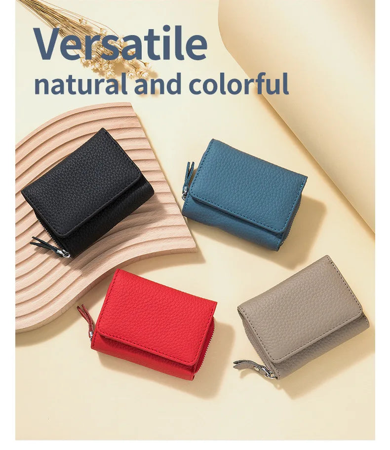 Genuine Leather Women’s Wallet — Small Zipper Coin Purse, Short Cowhide RFID Card & Money Holder, Perfect Gift for Women