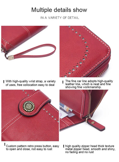 Vintage Large Capacity Women's Purse – Monochromatic Multi-Card Long Wallet with Zipper & Wrist Strap
