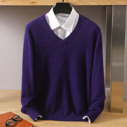 Men’s 100% Pure Mink Cashmere Sweater – V-Neck Knit Pullover, Long Sleeve Winter Jumper, Large Size High-End Top