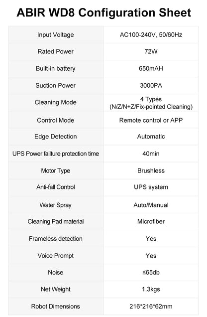 ABIR WD8 Robot Window Vacuum Cleaner – Dual Ultrasonic Spray, APP & Remote Control, Smart Home Glass Mop & Auto Wall Cleaning Robot