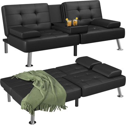 Modern Corduroy Futon Sofa Bed with Cup Holders & Removable Armrests – Folding Recliner Lounge, Green