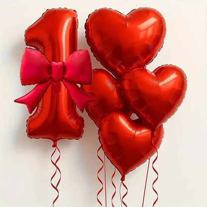 Red Heart Foil Balloons Set - 6PCS Birthday Wedding Anniversary Decoration with 32 Inch Numbers & Tassel Bows