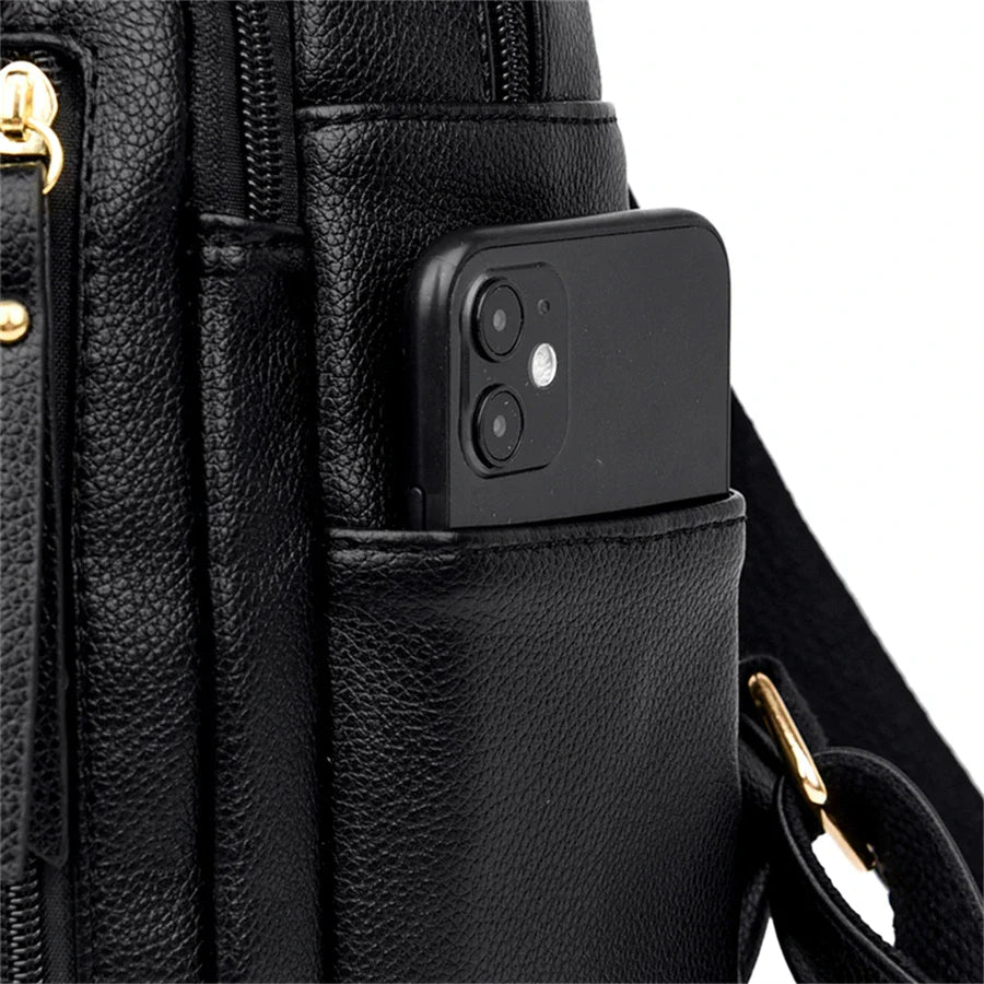 Luxury Leather Backpack for Women - Vintage Black Daypack, Casual School Bag for Girls, Mochila Rucksack Style