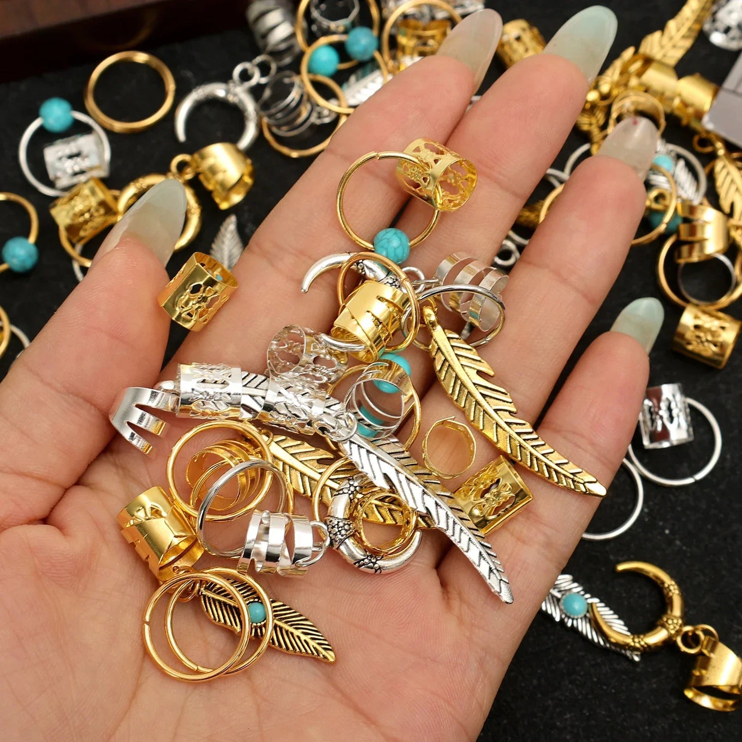 31PCS Turquoise Hollow-Out Hair Rings — Dreadlock & Braid Beads, Hair Braid Tubes Charm Jewelry for Styling