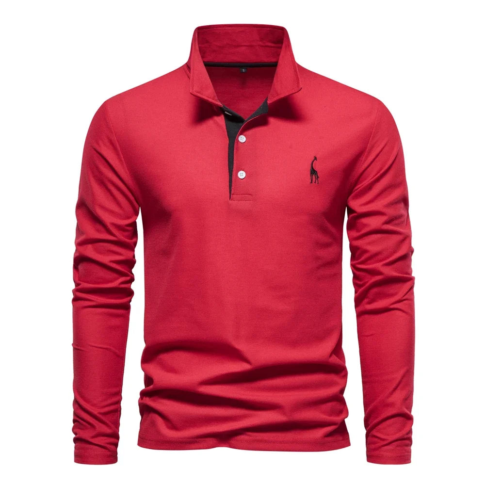 Men's Long Sleeve Embroidered Polo Shirt - Business Casual Solid Color Deer Design