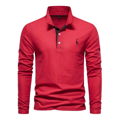 Men's Long Sleeve Embroidered Polo Shirt - Business Casual Solid Color Deer Design