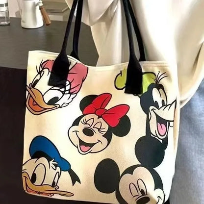 Disney Mickey Mouse & Minnie Canvas Shoulder Bag – Large Capacity Casual Tote Handbag for Women & Students, Versatile School & Daily Use Bag